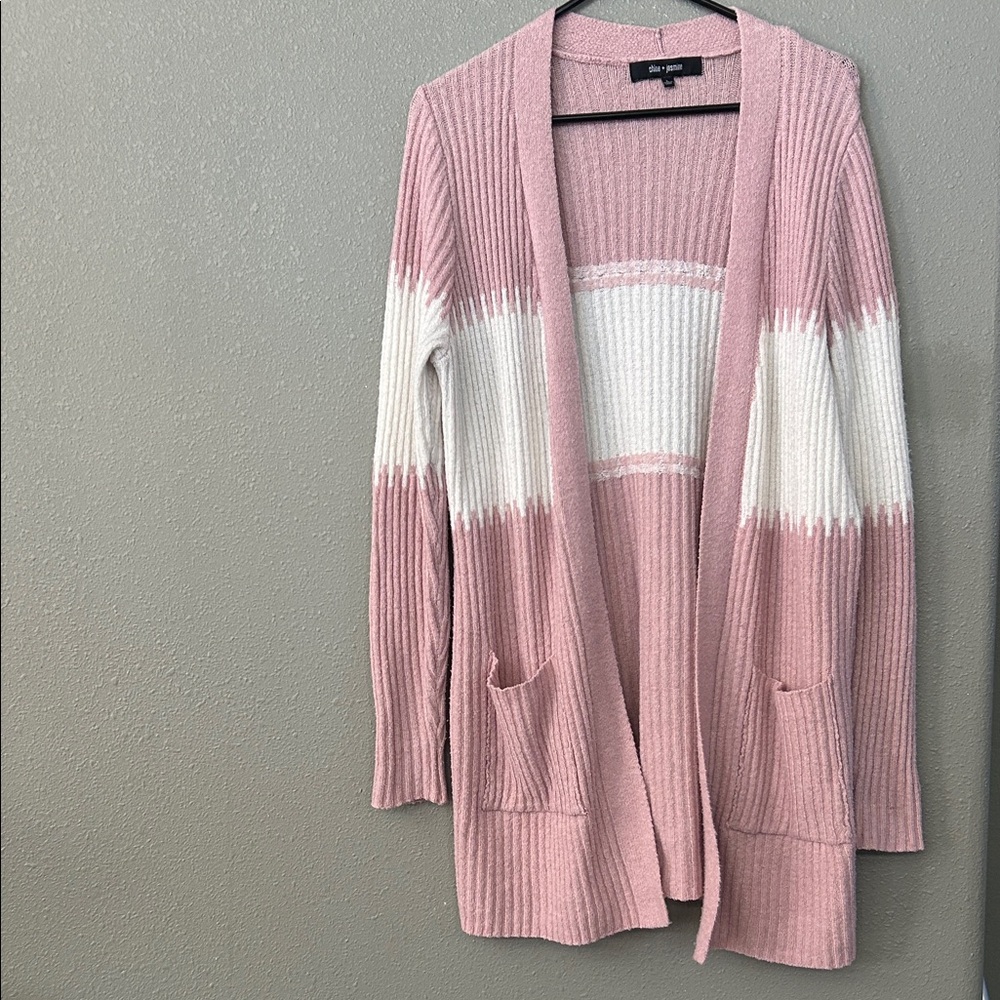 Chloe & Jasmine Open Front Cardigan in Pink & White Size Large